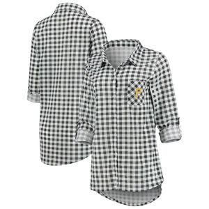 Pittsburg Pirates Pajamas Womens Medium Charcoal  Plaid Button Up Sleep Wear Top